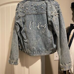 David's Bridal Blue Denim Jacket with Pearl Accents